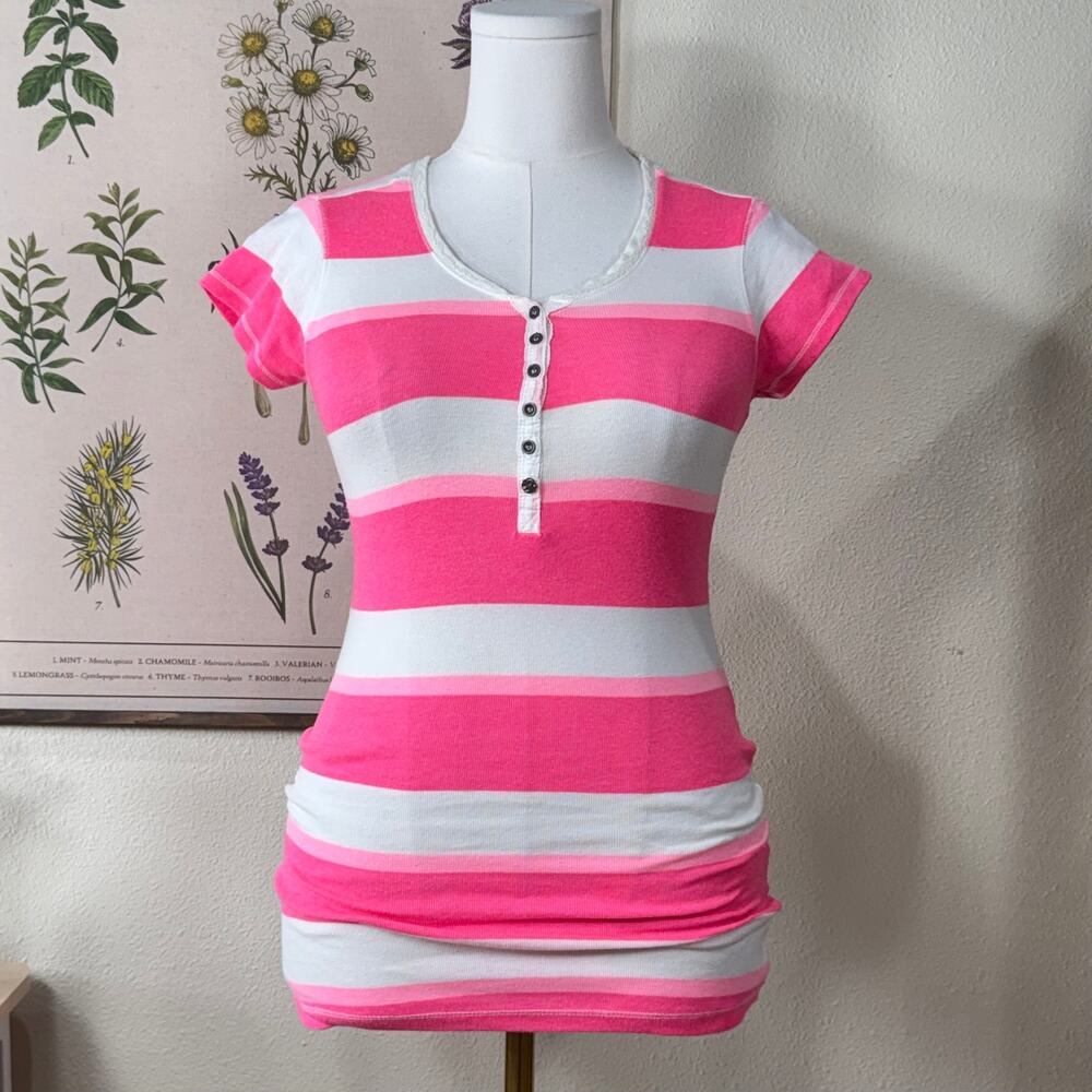 Y2k Pink White Striped Lace Trim Henley Top New Preppy SoCal 90s Prep S M